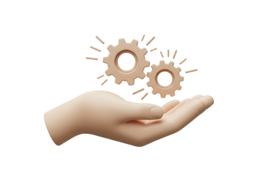 Isolated Conceptual Illustration of Open Hand Offering Gears, Symbolic of Strategy, Business Transformation, and Progress with Creative Design and No Background