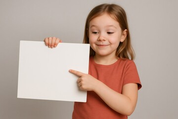 Little girl holding and pointing at a blank white sheet of paper with copy space, isolated on gray background