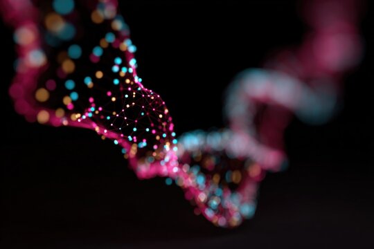 Abstract representation of colored particle DNA strand on black background