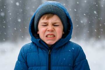 Young boy wearing a blue winter jacket and a beanie, experiencing discomfort from cold weather and snowfall