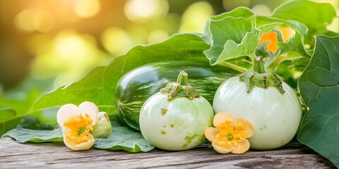 Fresh Green Eggplants with Flowers on Wooden Surface