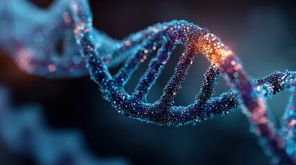 Close-up of digital DNA strand with glowing elements and blue background