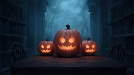 A spooky scene featuring three carved pumpkins on a table in a dimly lit library, creating an eerie Halloween atmosphere.