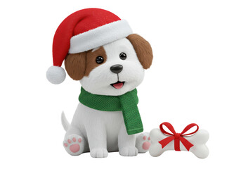 Isolated Adorable Christmas Puppy with a Red Santa Hat and Green Scarf, Sitting Next to a Bone Wrapped in a Red Ribbon on a White Background