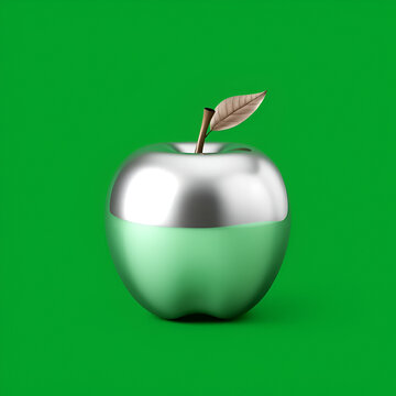 High-resolution image of a single silver, glass-like apple centered on a solid chroma key green (#00FF00) background. Metallic, semi-transparent surface with high reflectivity and no shadows.