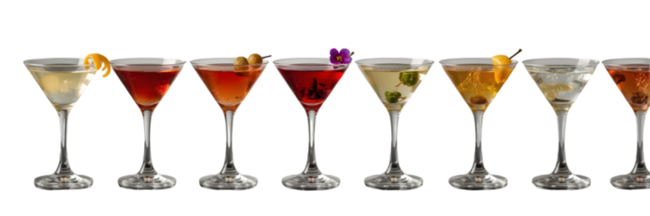 Cocktail Array: A vibrant array of exquisitely crafted cocktails, each a unique blend of flavors and garnishes, presented in elegant glassware, inviting a delightful sensory experience.