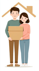 Young caucasian couple holding box under house symbol for new home concept