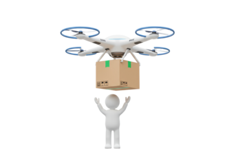 Isolated depiction of a delivery drone carrying a cardboard box to a human figure on a clean white background, showcasing innovative logistics and technology.