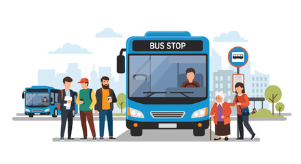 Vector illustration of diverse people, including seniors and young commuters, waiting at a city bus stop, highlighting public transportation, urban lifestyle, and daily commuting