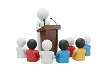 Isolated Illustration of a Stick Figure Giving a Presentation to an Audience Using a Podium and Microphone in a Business Meeting Setting, 3D Rendering