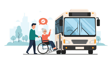 Vector illustration of a caregiver helping an elderly people in a wheelchair board a city bus using an accessibility ramp, promoting inclusive public transportation and mobility support © meeblues
