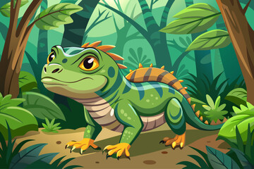 Obraz premium vector of A special and different small reptile (iguana or lizard) standing in a green forest and looking forward