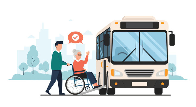 Vector illustration of a caregiver helping an elderly people in a wheelchair board a city bus using an accessibility ramp, promoting inclusive public transportation and mobility support