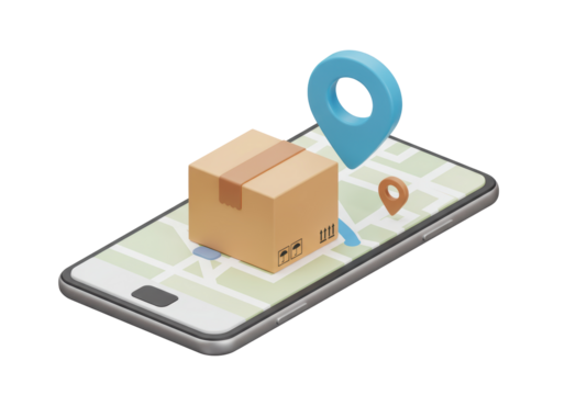 Isolated Digital Delivery Logistics: Smartphone with Package, Map, and Pin Point Location Tracking Icon Design on White Background