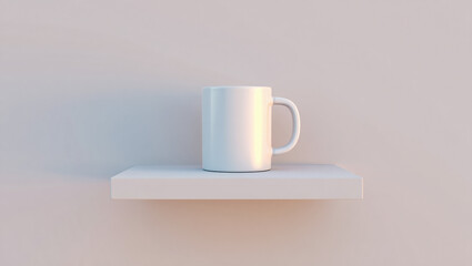 Plain white ceramic mug on a white shelf against a soft pink wall, simple product shot