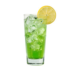 Fototapeta premium Refreshing Green Cocktail with Lemon: A tall glass overflows with an invigorating green cocktail, complemented by glistening ice cubes and a refreshing lemon slice.