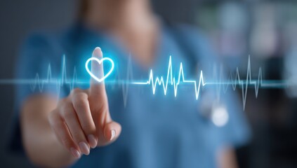 Female nurse touches a glowing heart with an EKG line in front of neutral background