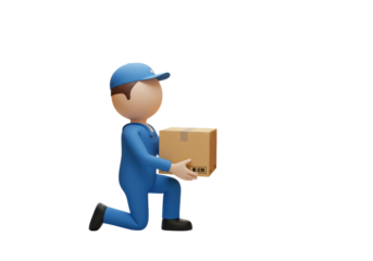 Isolated Cartoon Delivery Man in Blue Uniform Kneeling and Holding a Brown Cardboard Box, Ready to Deliver a Package, Set Against a Clean White Background