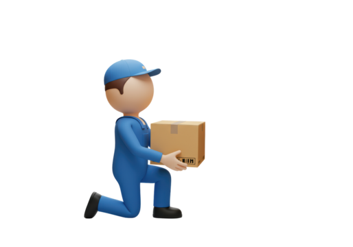 Isolated Cartoon Delivery Man in Blue Uniform Kneeling and Holding a Brown Cardboard Box, Ready to Deliver a Package, Set Against a Clean White Background