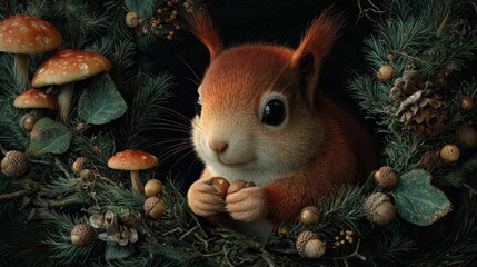 Cute red squirrel with acorn, nestled amidst green pine, berries, mushrooms, and cones