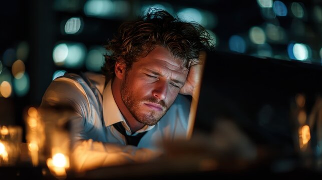 Tired businessman sleeping at desk in dark office late at night with city lights bokeh, overworked professional resting after long day