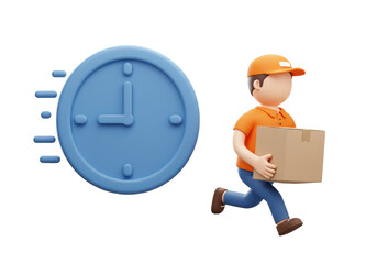 Isolated 3D Cartoon Delivery Man Running with Cardboard Box Near Speeding Clock, Signifying Fast...