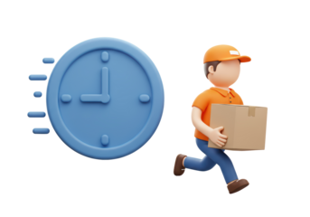 Isolated 3D Cartoon Delivery Man Running with Cardboard Box Near Speeding Clock, Signifying Fast Shipping and Express Delivery Services