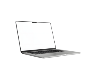Sleek Laptop: A modern, metallic laptop with a blank screen, positioned at a dynamic angle. A symbol of technology and minimalist design.