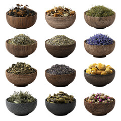 3D Collection of Dried Herbs in Bowls PNG – Isolated Transparent Background on White Background