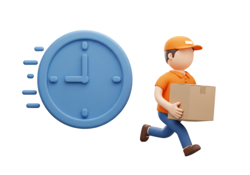 Isolated 3D Cartoon Delivery Man Running with Cardboard Box Near Speeding Clock, Signifying Fast Shipping and Express Delivery Services