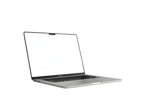 Sleek Laptop: A modern, metallic laptop with a blank screen, positioned at a dynamic angle. A symbol of technology and minimalist design.