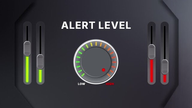 Animation of Alert Level on a circular gauge moving from low to high and back. Can be used to show increase or decrease. Perfect for safety, security, or emergency visuals.