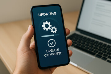 Smartphone screen showing update complete message with gears icon held by hand