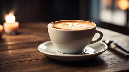 Obraz premium Hot cappuccino and latte art coffee cups on wooden table in cozy café 