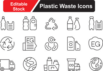 Plastic Waste Vector Icon Set, Recycling, Pollution, Environment, Garbage, Sustainability, Eco Awareness Icons