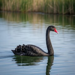 Obraz premium Elegant black swan glides serenely across calm lake waters in picturesque natural setting