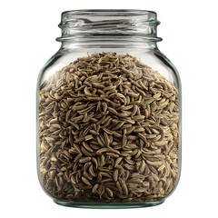 Cumin Seeds in Glass Jar 3D Render PNG – Kitchen Spice, Isolated Transparent Background on White Background