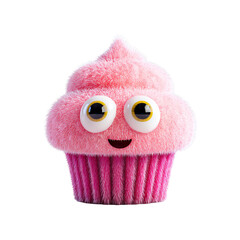 Cute 3D Cupcake with Pink Frosting PNG – Kawaii Dessert Character, Isolated Transparent Background on White Background