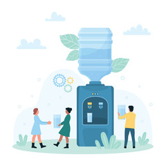 Water cooler for office or home vector illustration. Cartoon tiny people holding glass cups to drink clean pure water from dispenser machine with portable blue plastic gallon full of liquid and taps