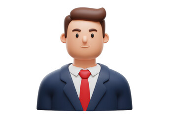Isolated 3D Render of a Smiling Businessman Cartoon Avatar Wearing a Professional Suit with Red Tie, Representing Corporate Leadership and Workplace Dynamics