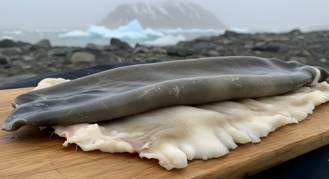 "Comida &aacute;rtica tradicional Mattak &ndash; Piel y Grasa de Ballena capturada en detalle con texturas naturales"
