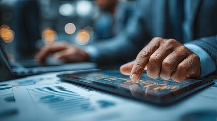 Person analyzing stock market data on a tablet at a desk with a laptop in an office