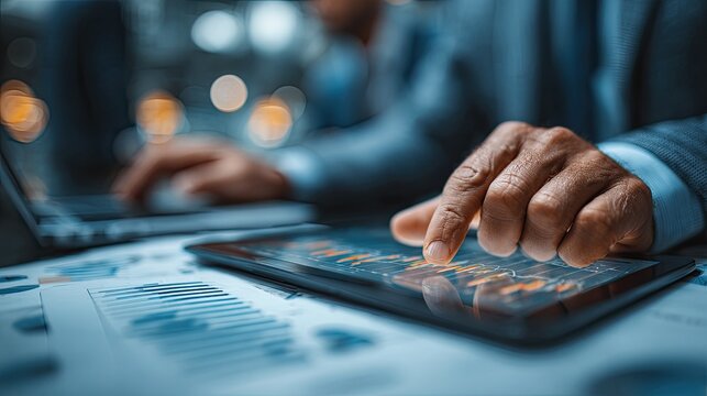 Person analyzing stock market data on a tablet at a desk with a laptop in an office