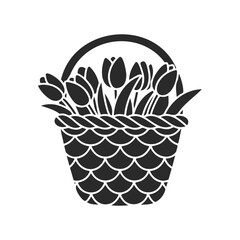 Black and white tulip basket silhouette design with woven pattern