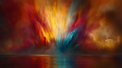 Vibrant Sunset Explosion over Calm Ocean Abstract Painting