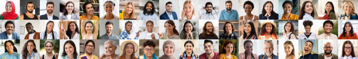 Fototapeta premium A colorful collage features a diverse collection of happy individuals smiling and celebrating life. This representation highlights diversity and the joy found in differing backgrounds.