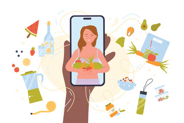 Mobile app for healthy lifestyle and nutrition vector illustration. Cartoon hand holding phone with happy girl offering organic vegetarian ingredients for cooking on screen to control and loss weight