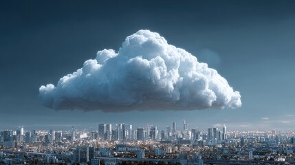 White fluffy cloud formation linked by digital network hovering above a blurry cityscape in the late evening