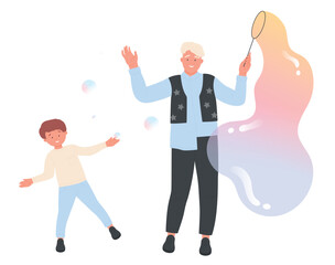 Father and boy son play and blow soap bubble giant balloons on foam party isolated cartoon flat vector illustration