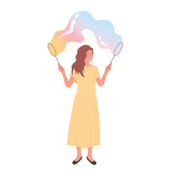 Woman blow play with soap bubble giant balloons on foam party isolated cartoon flat vector illustration